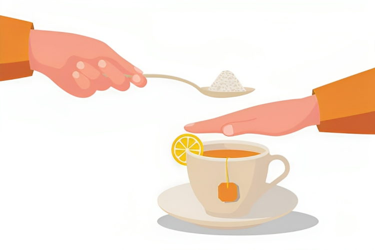 A hand blocking a cup from another hand trying to poor suger into it. Signals the role of suger intake.